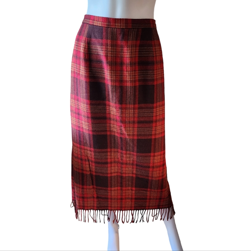 Vintage Red Plaid Skirt with Fringe